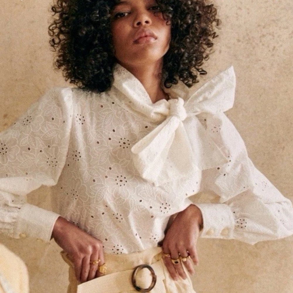 Sezane Elyes Lace White Blouse With Bow NWT size 38 6